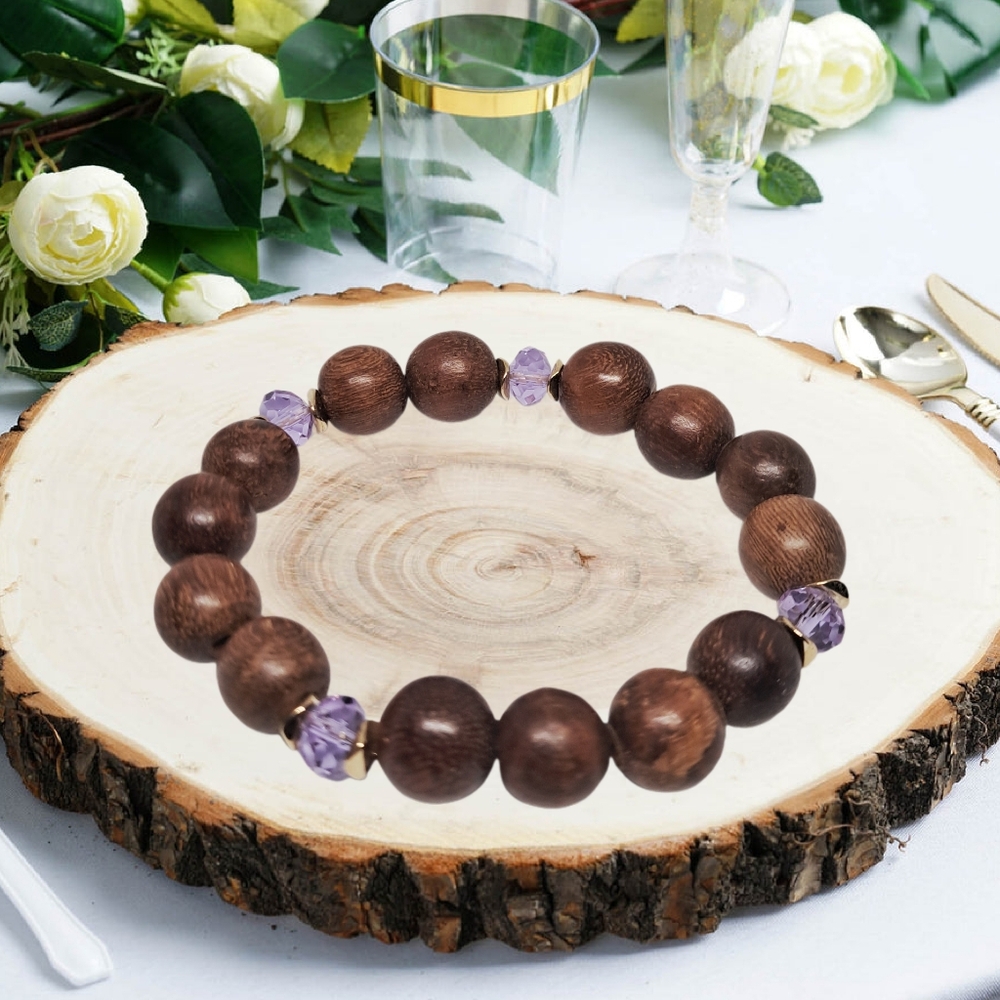 Wooden & Purple Beaded Stretchy Bracelet
